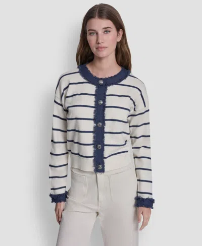 Dkny Jeans Petite Denim Fringe Crewneck Striped Cardigan In Multi