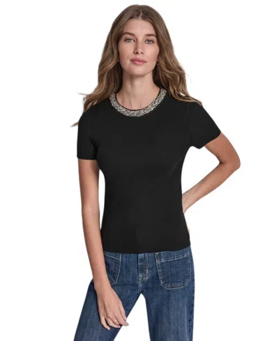 Dkny Jeans Petite Embellished Ribbed-knit Short-sleeve Crewneck Sweater In Black