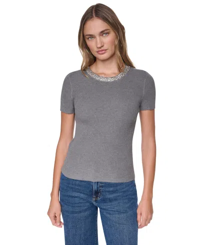 Dkny Jeans Petite Embellished Ribbed-knit Short-sleeve Crewneck Sweater In Gray