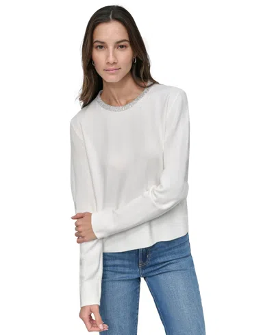 Dkny Jeans Petite Embellished Trim Knit Top In Ivory