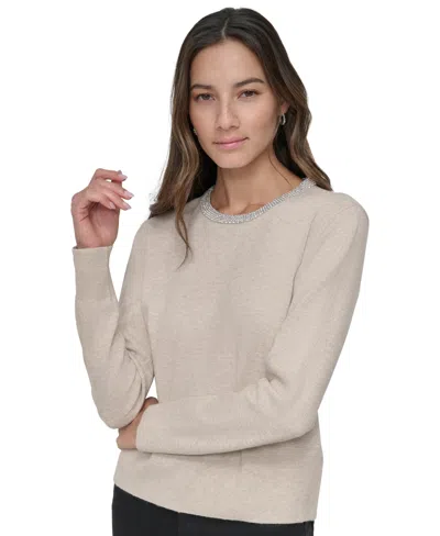 Dkny Jeans Petite Embellished Trim Knit Top In Pebble Heather