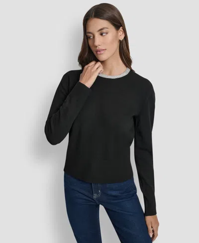Dkny Jeans Petite Embellished Trim Sweater Top In Black