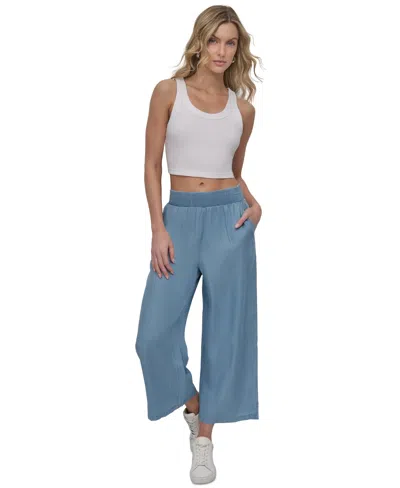 Dkny Jeans Petite Embroidered Wide-leg Ankle Pants In Chambray