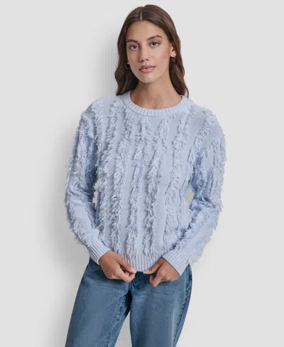 Dkny Jeans Petite Fringe Crewneck Sweater In Blue