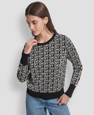 Dkny Jeans Petite Geometric Print Crewneck Sweater In Gray
