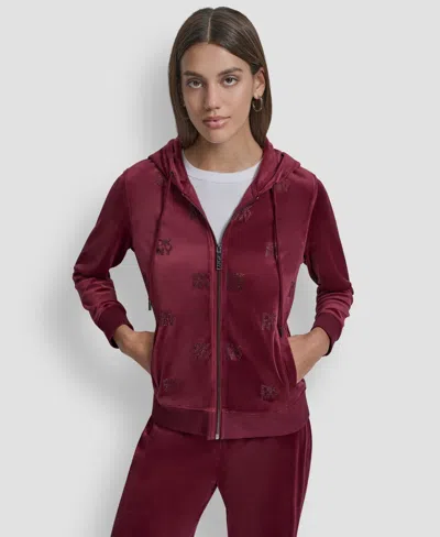 Dkny Jeans Petite Logo Detail Long Sleeve Hoodie In Burgundy