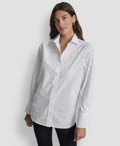 Dkny Jeans Petite Long-sleeve Button-down Shirt In White
