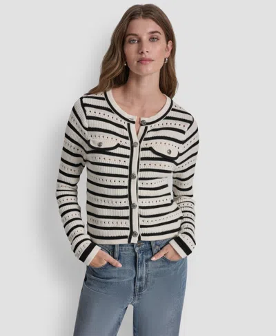 Dkny Jeans Petite Long-sleeve Crewneck Pointelle Cardigan In Multi
