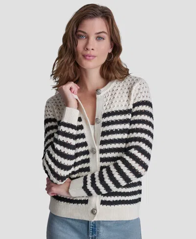 Dkny Jeans Petite Long-sleeve Stripe Pointelle Stitch Cardigan In Multi