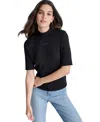 Dkny Jeans Women's Stud Logo Mock Neck Elbow-sleeve Sweater In Black,black