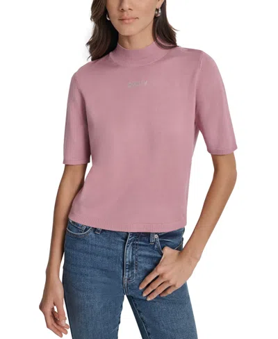 Dkny Jeans Petite Mock-neck Embellished-logo Sweater In Pink