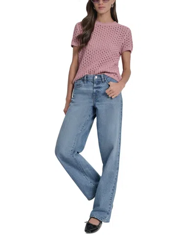 Dkny Jeans Petite Open-stitch Crewneck Sweater In Blue
