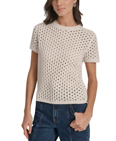 Dkny Jeans Petite Open-stitch Crewneck Sweater In Neutral