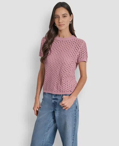 Dkny Jeans Petite Open-stitch Crewneck Sweater In Pink