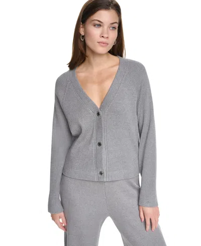 Dkny Jeans Petite Plush Rib Button-front Cardigan In Gray