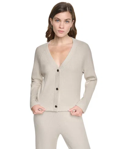 Dkny Jeans Petite Plush Rib Button-front Cardigan In Neutral