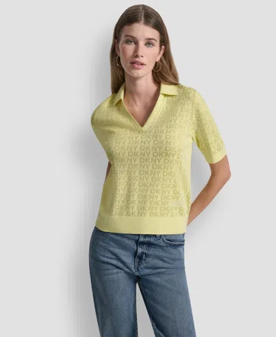 Dkny Jeans Petite Polo Collar Logo Sweater In Yellow