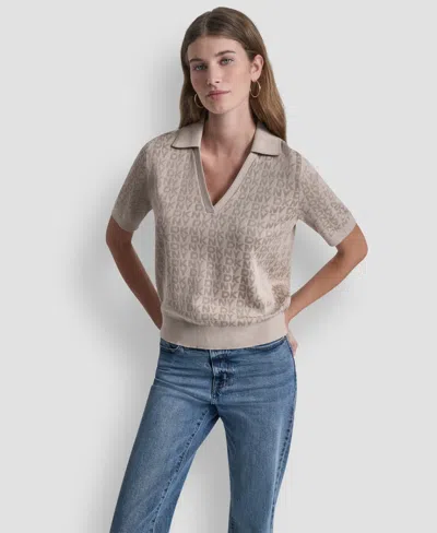 Dkny Jeans Petite Polo Collar Logo Sweater In Gray