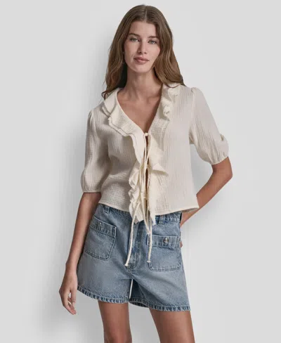 Dkny Jeans Petite Puff Short-sleeve Tie Front V-neck Shirt In Neutral