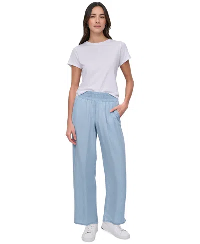 Dkny Jeans Petite Pull-on Wide-leg Pants In Chambray Wide Stripe