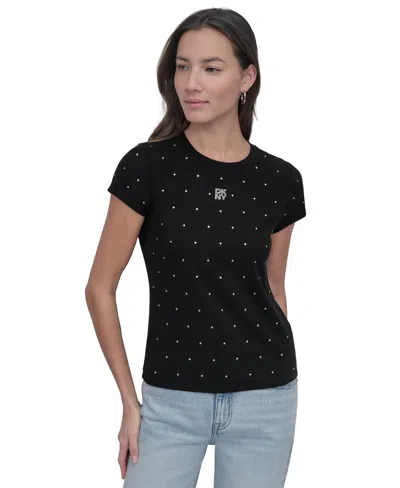Dkny Jeans Petite Rhinestone-embellished T-shirt In Black