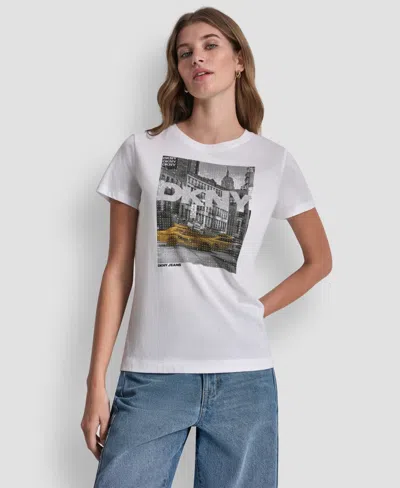 Dkny Jeans Petite Rhinestone Taxi Crewneck T-shirt In White
