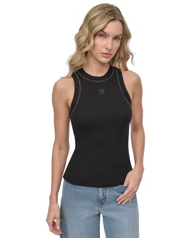 Dkny Jeans Petite Rhinestone-trim Ribbed Tank Top In Black