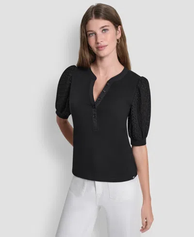 Dkny Jeans Petite Rib Body Eyelet V-neck Top In Black