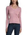 Dkny Jeans Petite Ribbed Johnny-collar Sweater In Pink