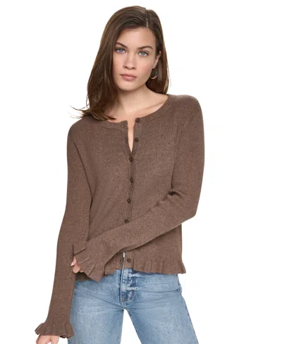 Dkny Jeans Petite Ribbed Knit Ruffle Trim Cardigan In Brown