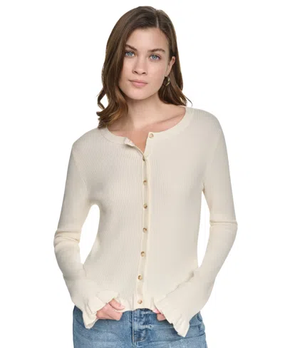 Dkny Jeans Petite Ribbed Knit Ruffle Trim Cardigan In Neutral