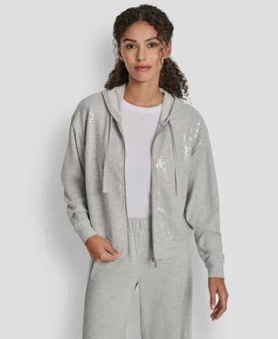 Dkny Jeans Petite Sequin Zip-front Hoodie In Gray
