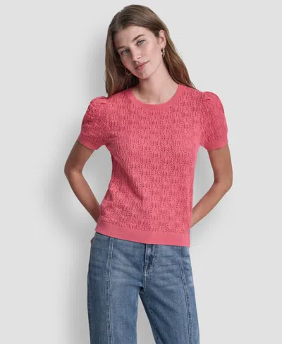 Dkny Jeans Petite Short-sleeve Lace Pointelle Stitch Sweater In Pink