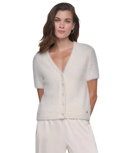 Dkny Jeans Petite Short-sleeve Brushed-knit Fitted Cardigan In Neutral
