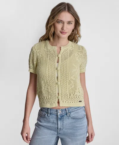 Dkny Jeans Petite Short-sleeve Crew Neck Cardigan Sweater In Yellow