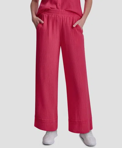 Dkny Jeans Petite Smocked Encased Elastic Waistband Ankle Length Pants In Red