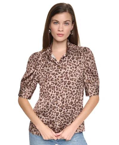 Dkny Jeans Petite Stand-collar Puff-sleeve Blouse In Animal Print