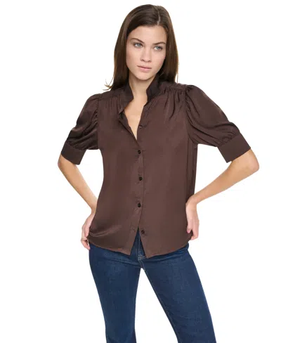 Dkny Jeans Petite Stand-collar Puff-sleeve Blouse In Espresso