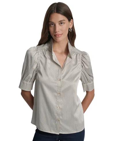 Dkny Jeans Petite Stand-collar Puff-sleeve Blouse In Gray