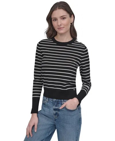 Dkny Jeans Petite Striped Crewneck Sweater In Black,ivory
