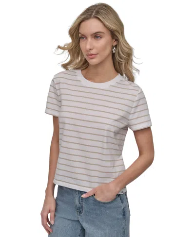 Dkny Jeans Petite Striped Crewneck T-shirt In White,pebble