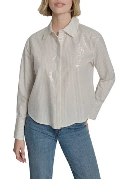 Dkny Jeans Sequin Pin Stripe Button Front Shirt In Neutral