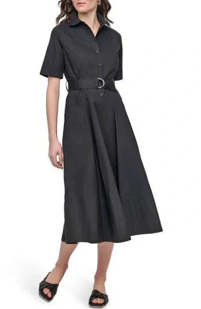 Dkny Jeans Short Sleeve Drop Waist Cotton Shirtdress In Black