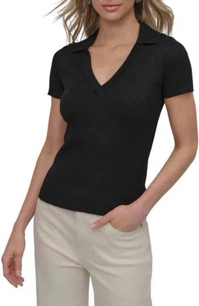 Dkny Jeans Short Sleeve Rib Polo Sweater In Black
