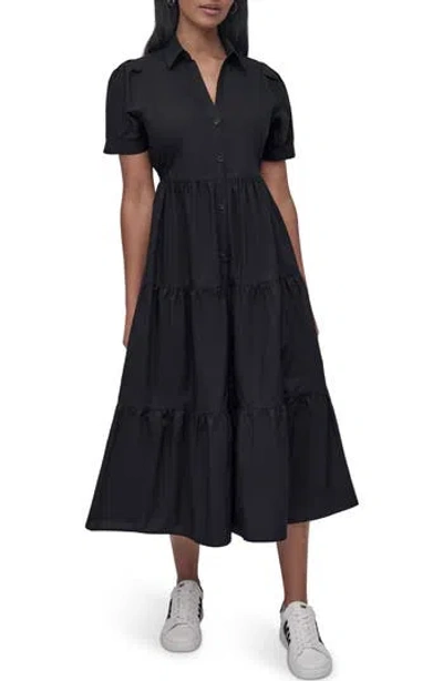 Dkny Jeans Short Sleeve Tiered Cotton Poplin Shirtdress In Black