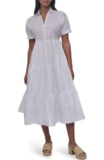 Dkny Jeans Short Sleeve Tiered Cotton Poplin Shirtdress In White