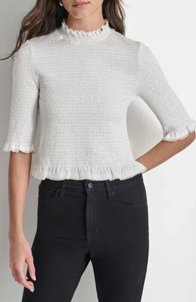 Dkny Jeans Women's Sequin Smocked Elbow-sleeve Top In Ivory