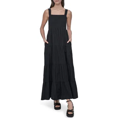 Dkny Jeans Square Neck Tiered Cotton Maxi Dress In Black