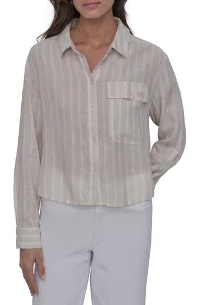 Dkny Jeans Stripe Crop Linen Blend Button-up Shirt In Light City Khaki/ivory