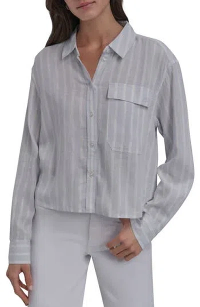 Dkny Jeans Stripe Crop Linen Blend Button-up Shirt In Powder Blue/ivory
